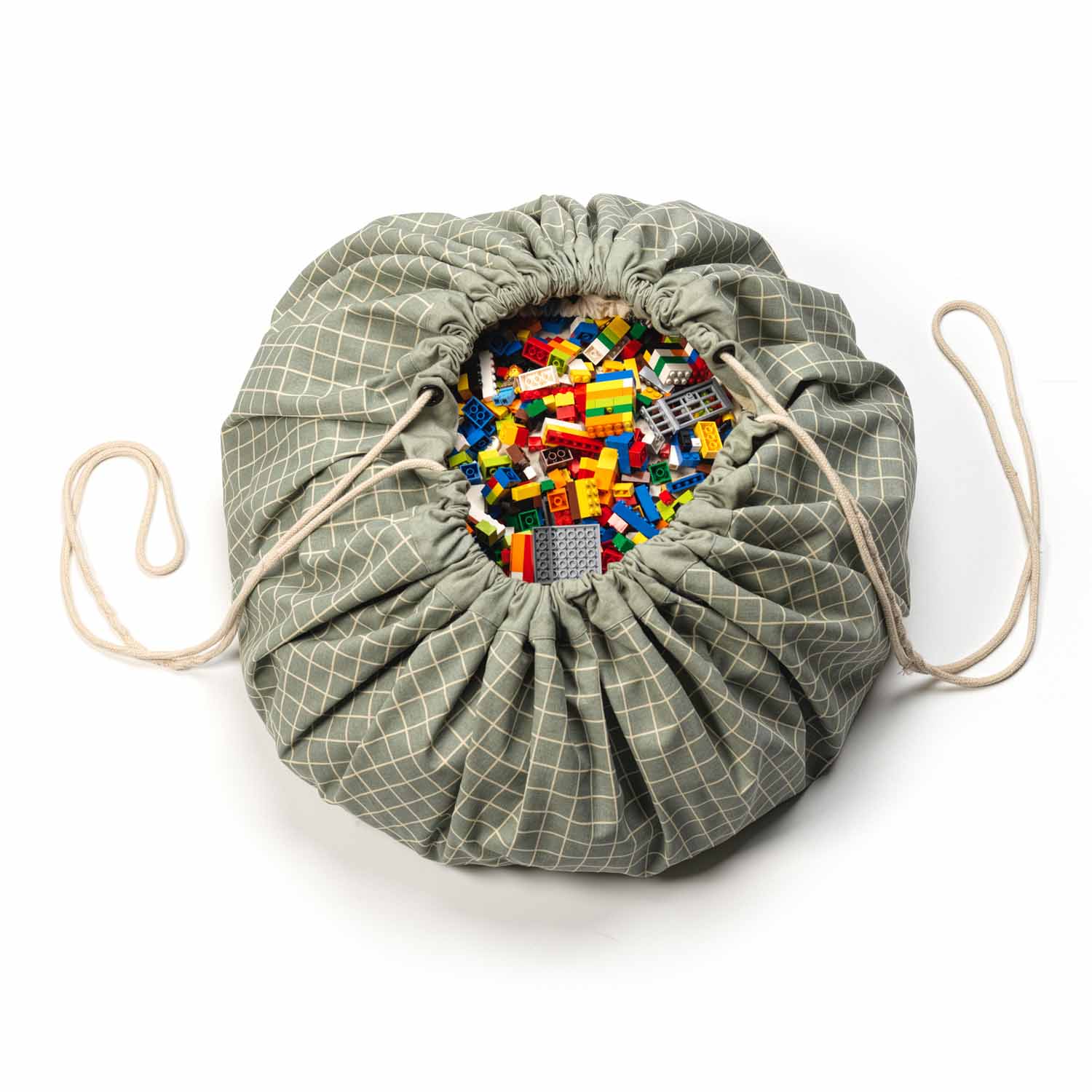 Playandgo_storage_bag_organic_grid_green_closed_filled_with_lego